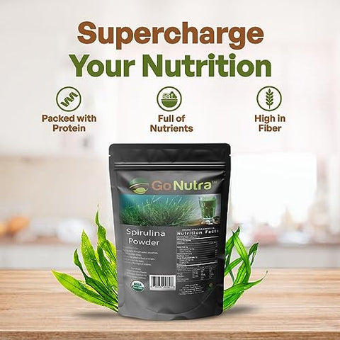 Spirulina em Pó Orgânica | Superfoods Puros Não-OGM para Antioxidantes, Minerais, Ácidos Graxos, Fibra | 100g - Go Nutra