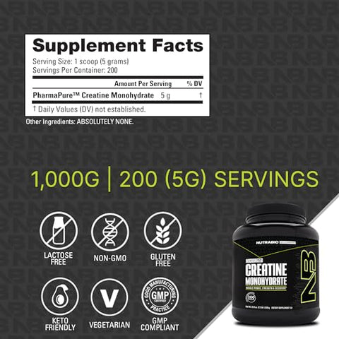 Creatina Monohidratada em Pó Pura (1000 g) – Suporte para Energia, Recuperação e Força Muscular – Testada por HPLC – Pó de Creatina de Grau Puro - NutraBio