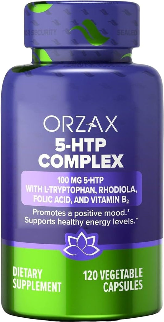 5-HTP 200mg Cápsulas com L-Triptofano, Rhodiola, Vitamina B2 e Ácido Fólico – Suporta Vitalidade e Paz Interior Suplementos 100mg 5HTP Por Porção, 120 Cápsulas - ORZAX