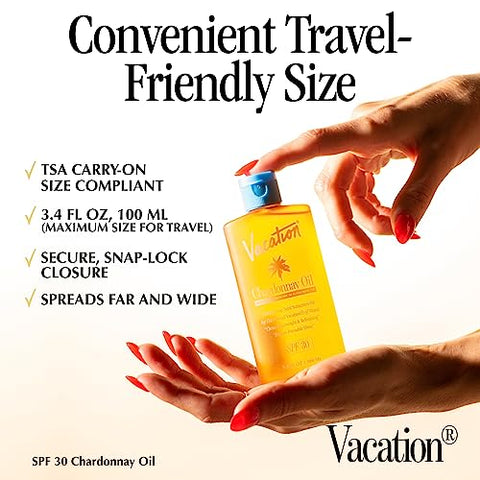 VACATION - Óleo Bronzeador Vegano Vacation Chardonnay SPF 30 + Odorizador de Ar, Proteção Solar de Amplo Espectro, Livre de Oxybenzone e Octinoxate, Tamanho de Viagem Aprovado pela TSA, 30ml