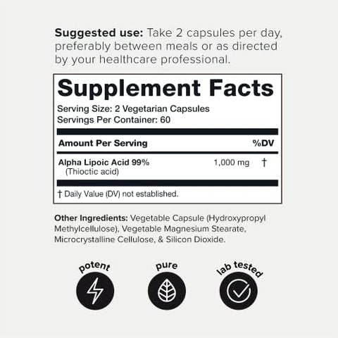 1000mg Cápsulas de Ácido Alfa Lipoico de Ultra Alta Potência – 99% USP Puro – 120 Cápsulas de Suplemento ALA - Toniiq