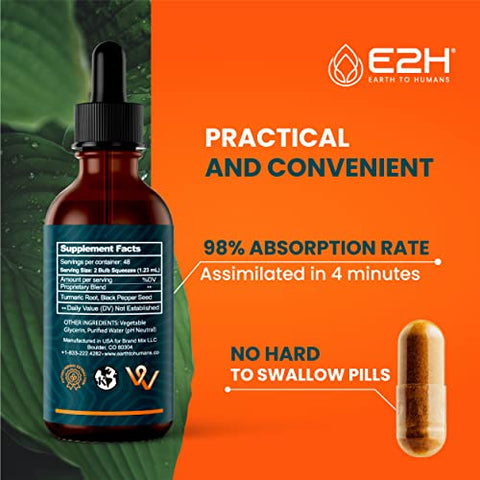 E2H EARTH TO HUMANS - E2H Gotas de Cúrcuma Curcumina com Pimenta Preta – Potencialize sua Saúde – Suporte para Articulações – Vegano – Não-OGM – (2 Frascos)