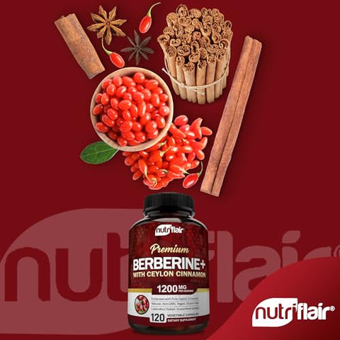 Premium Berberine HCL 1200mg + Canela Ceylon Pura – 120 Cápsulas | Sistema imunológico, gerenciamento de peso saudável - NutriFlair
