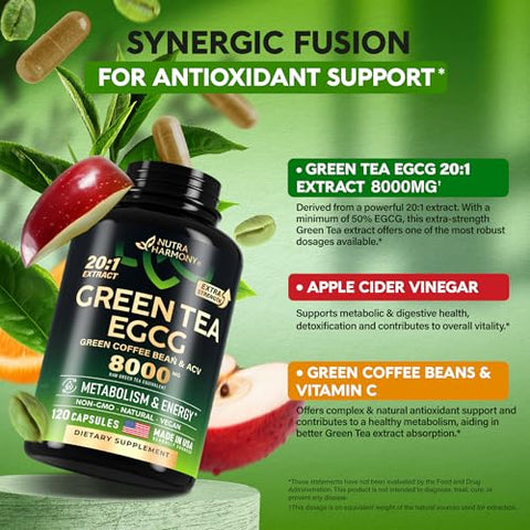 NUTRAHARMONY - Extrato de Chá Verde em Cápsulas 8000 mg – com Grãos de Café Verde | Marca: Green Tea Extract Capsules