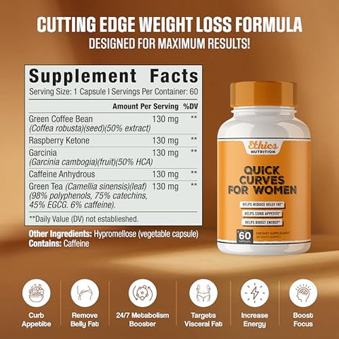 EPN Supplements - Ética Nutrição | Queimador de Gordura Rápido Quick Curves #1 Mais Forte para Mulheres | Supressor de Apetite, Acelerador de Metabolismo | Pílulas Dietéticas Queimadoras de Gordura da Barriga | Funcionam