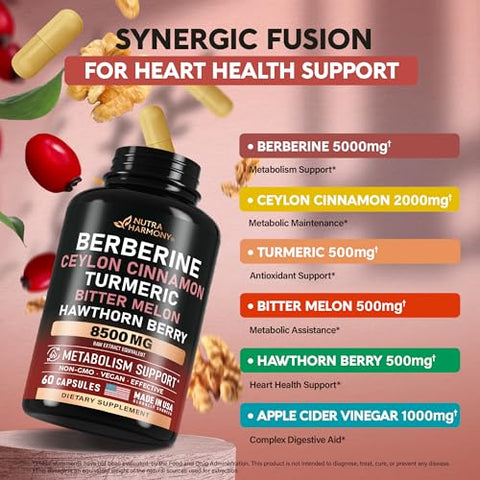 NUTRAHARMONY - Berberine com Canela do Ceilão 10000 mg com Vinagre de Maçã | Espinheiro | Bergamota Cítrica | Melão Amargo – Suplemento 15 em 1 para Suporte Cardíaco e Metabolismo