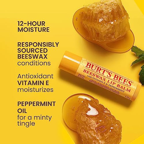 Burt's Bees - Burt’s Bees Lip Balm – Pack com 12 unidades de Cera de Abelha Original, Hidratante Labial com Cera de Abelha de Origem Responsável, Livre de Tintas, Tratamento Labial Condicionante de Origem Natural, 12 Tubos