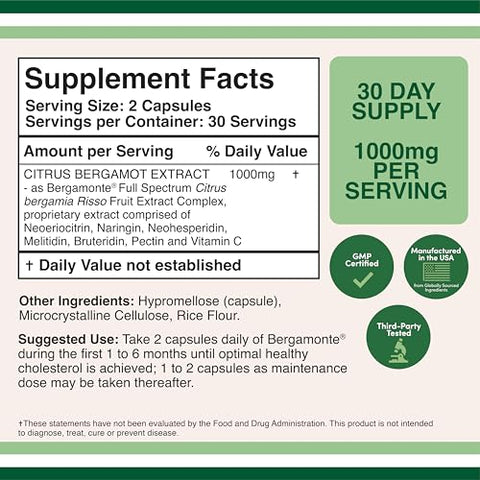 Double Wood Supplements - Suplemento de Citrus Bergamota – Extrato Patenteado e Clinicamente Comprovado de Bergamota – Porção de 1.000mg (Origem Itália) (60 Cápsulas) por Double Wood