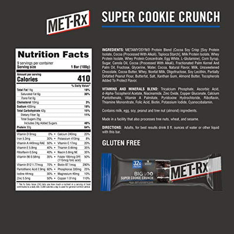 Big 100 Barra de Proteína, Substituto de Refeição, 32g Proteína, Super Cookie Crunch, 9 Barras (Pacote de 1) - MET-Rx