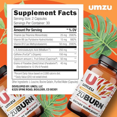 ZuBurn: Queimador de Gordura Termogênico para uma Composição Corporal Saudável | Ingredientes Naturais para Apoiar o Metabolismo, Aumentar a Queima de Calorias - UMZU