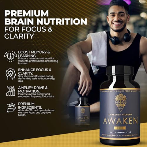 Awakened Alchemy - Awaken Gold | Suplemento Premium Nootrópico | Nutrição Avançada para o Cérebro | Melhore a Memória