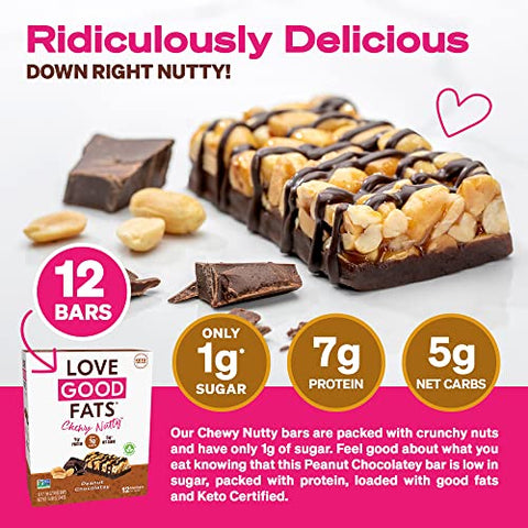 LOVE GOOD FATS - Barras de Proteína Love Good Fats à base de plantas Keto – Amendoins Crocantes e Chocolate Amargo – 13g de Gorduras Boas, 7g de Proteína, 5g de Carboidratos Líquidos, 1g de Açúcar, Sem Glúten, Não-OGM – Amendoim