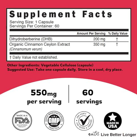 Nature's Fusions - Dihydroberberine 200mg 60 Cápsulas – Com Canela do Ceilão – 5X Mais Eficaz Que Berberina HCL Regular – Super Berberina com Canela do Ceilão – Dihydroberberine