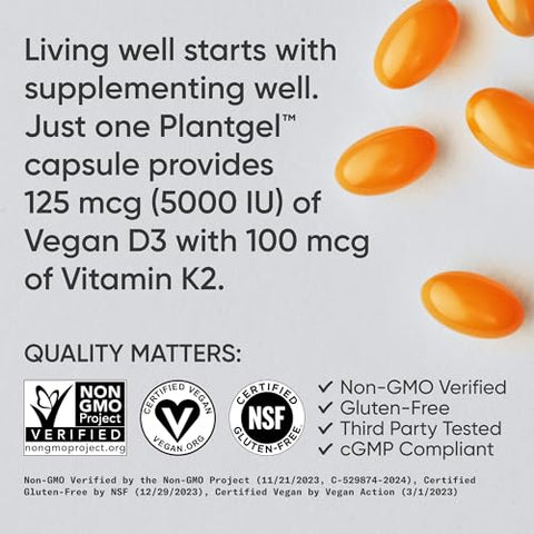 Sports Research - Vitamina D3 K2 com Óleo de Coco | Vitamina K2 MK7 Vegana D3 5000iu | Certificado Vegano, Sem Soja |