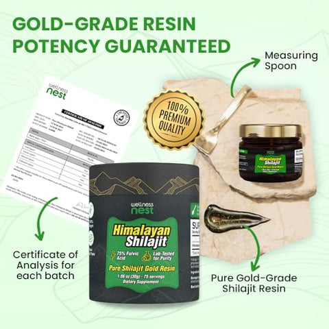 Wellness Nest - Resina Pura de Shilajit Himalaia Grau Ouro: Potência Máxima para Homens – 100% Natural e Poderoso