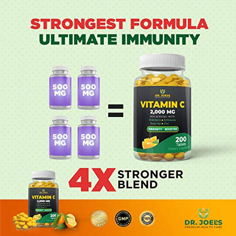 Dr. JOEL'S - Dr. JOEL’S Vitamina C 2000 mg – 200 Comprimidos – com Zinco, Sabugueiro, Rosa Mosqueta, Equinácea – Reforça o Sistema Imunológico – Fabricado nos EUA
