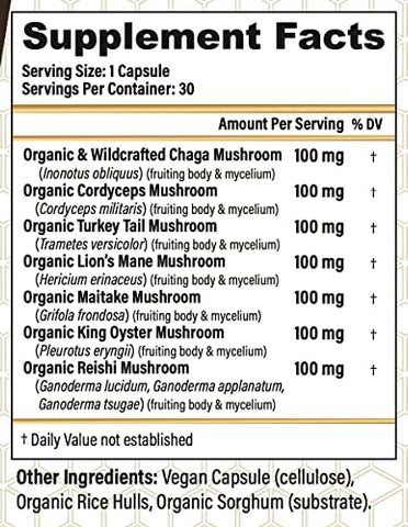 Seven Wonders – Suplemento Orgânico de Cogumelos – Cordyceps, Reishi, Lion’s Mane, Chaga, Turkey Tail, Maitake, King Oyster – 30 Cápsulas Veganas - CHOQ