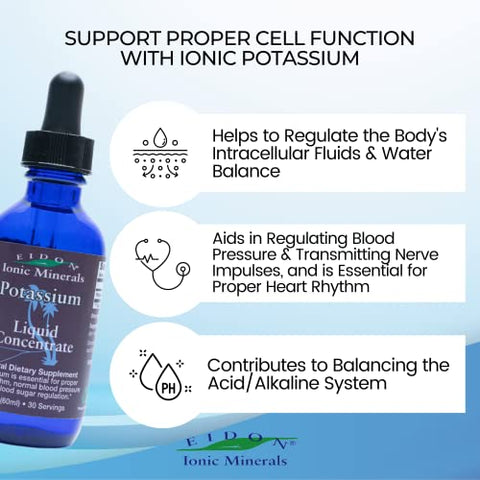 Eidon Ionic Minerals - Eidon – Suplemento Líquido de Potássio em Gotas de Cloreto de Potássio, Eletrólito Essencial para a Função Celular, Minerais Iônicos Bioativos, 100% Natural, Sem Conservantes ou Aditivos – 30ml