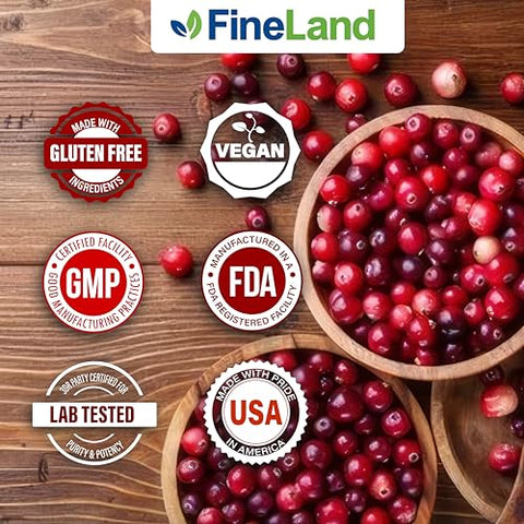 Extrato de Cranberry FineLand 60:1, Força Máxima 30.000 mg Equivalente por Cápsula de Cranberry, 100 Cápsulas Vegetais, Suprimento de 3 Meses, 100% Vegano, Natural