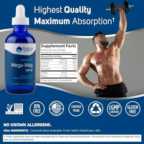 Mega-Mag 400 mg Cloreto de Magnésio Líquido | Suporta a Função Muscular Normal | 30 Porções, 120 ml (1 Pacote) - Trace Minerals