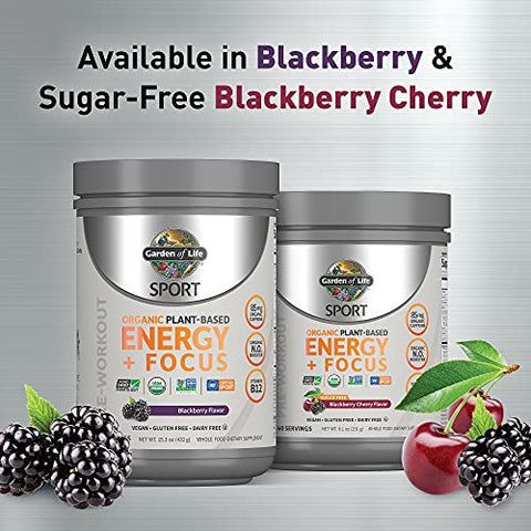 Sport Energia Limpa em Pó Pré-Treino à Base de Plantas Orgânicas, com 85mg de Cafeína, Estimulante Natural, B12, Vegano, Sem Glúten, Não-OGM, Amora, 430g - Garden of Life