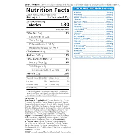 Proteína Orgânica em Pó Garden of Life Baunilha, 20 Porções: Vegana, Sem Glúten, Orgânica, Não-OGM, Shake de Proteína Livre de Açúcar à Base de Plantas com Probióticos