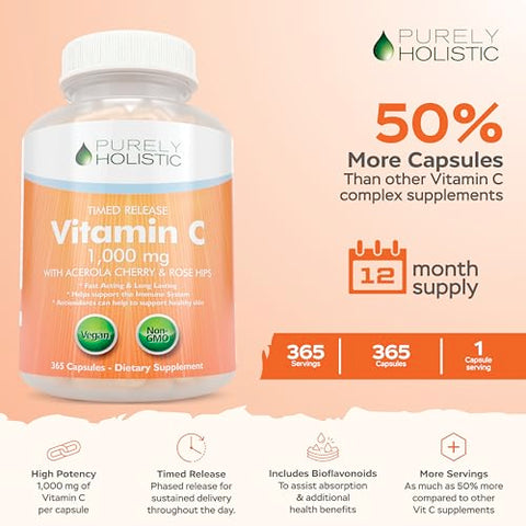 Vitamina C 1000mg Purely Holistic, 365 Cápsulas, 12 Meses de Suprimento, Liberação Gradual em 2 Etapas com Ácido Ascórbico e Rosa Mosqueta