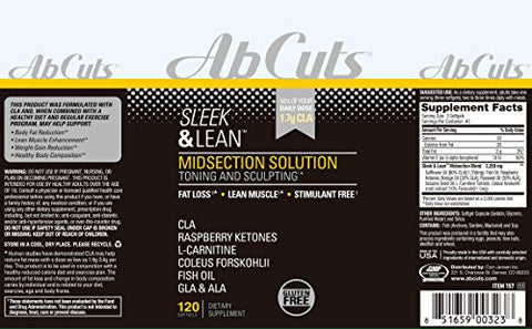 AbCuts - Sleek and Lean – 120 Cápsulas Softgel Fáceis de Engolir – Suplemento de CLA, Óleo de Peixe, Óleo de Linhaça, L-Carnitina – Ajuda a Aumentar o Suprimento de Antioxidantes