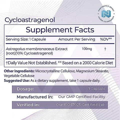 Cápsulas de Cycloastragenol 10%% | 100mg | 30 Unidades | Astragalus membranaceus | Saúde Celular, Suporte Imunológico, Alonga Telômeros - Nootropics Depot