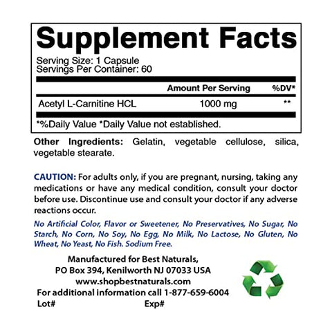 Best Naturals - Melhor Naturals Acetyl L-Carnitina 1000 mg 60 Cápsulas (60 Unidades – Pacote com 3) – Aumente sua energia e metabolismo!
