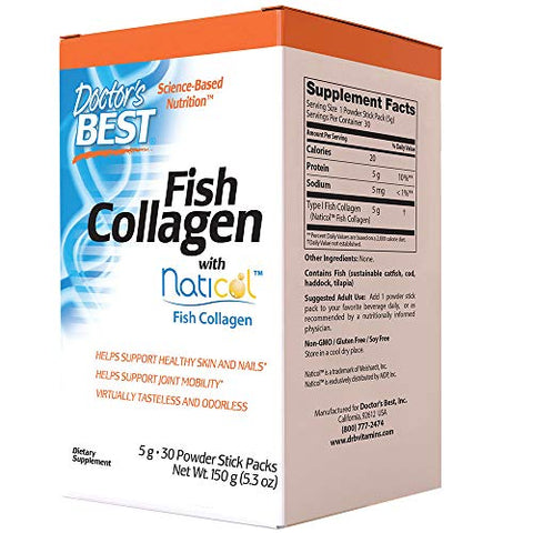 Doctor's BEST - Doctor’s Best Colágeno de Peixe com Naticol, Suporte para Pele, Unhas e Articulações, 30 Sachês em Pó