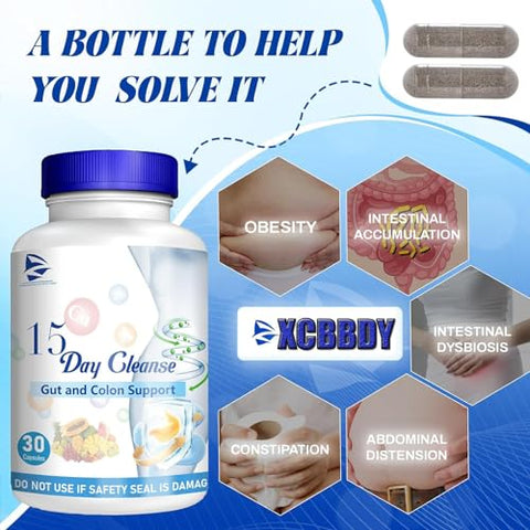 XCBBDY - 15 Day Cleanse – Suporte para Intestino e Cólon, Cápsulas Dissolventes para Limpeza de 15 Dias, com Sene, Cáscara Sagrada