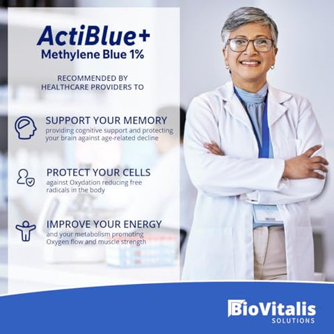 Biovitalis Solutions - Actiblue Methylene Blue 1%: Grau Farmacêutico Certificado ISO Testado por Laboratório Terceirizado 99,9% Sem Formaldeído Sem Álcool Sem Glúten – Compre Agora!