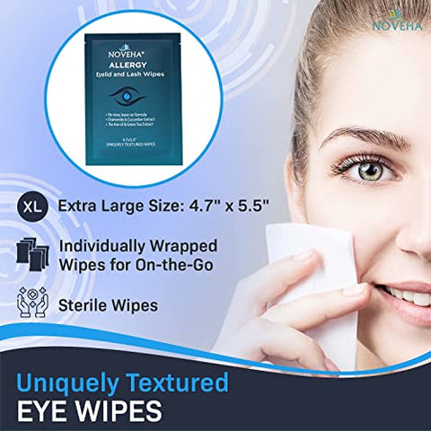 60 Unidades Lenços para Alívio de Alergia nas Pálpebras | Pads de Limpeza Ocular Hipoalergênicos Pré-umedecidos, Reduz Coceira e Vermelhidão - NOVEHA