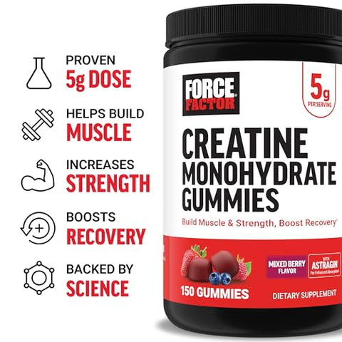 Creatine Gummies: Ganho Muscular, Mais Força e Recuperação Rápida – Estudo Clínico, Dose de Creatina 5g, Sabor Frutas Vermelhas, 30 Porções - Force Factor
