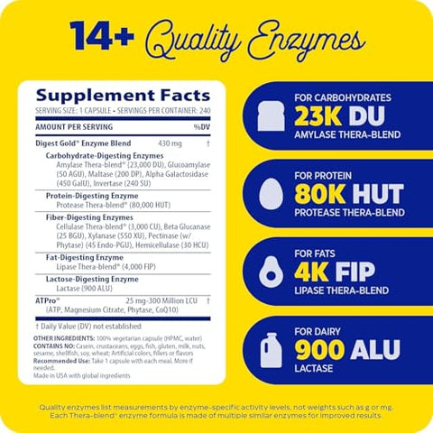Digest Gold ATPro – Enzimas Digestivas de Máxima Potência, Auxilia na Digestão de Refeições Grandes para Alívio Instantâneo de Inchaço, 240 Comprimidos - Enzymedica