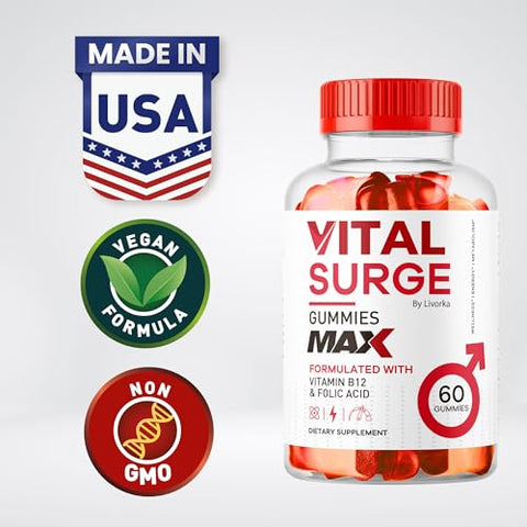 LIVORKA - Vital Surge Gummies Masculinos – Gomas de Desempenho para Homens, Fórmula Avançada de Força Máxima VitalSurge, VitaSurge para Homens Vitale Vita, 1050MG (60 Gomas)