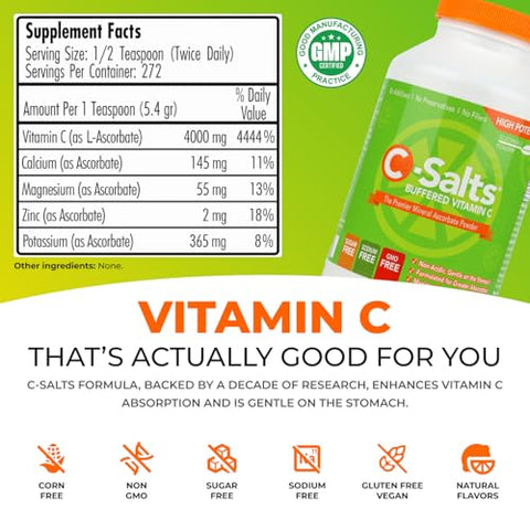 C-Salts - Pó de Vitamina C Tamponada – Suporte Imunológico de Alta Absorção com Ascorbato C, Amigo do Estômago, Sem Açúcar, Orgânico, Vegano, Não Transgênico, Sem Milho ou Sódio, Original – 100g