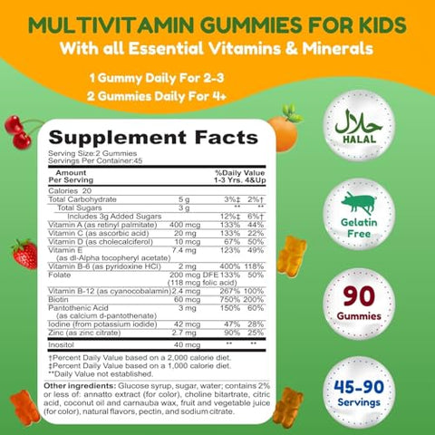 SHIFAA NUTRITION - Halal Kids Multivitamin Gummies | Suprimento de 45-90 Dias | Vitaminas Essenciais para Crianças | Vitamina C, D, Zinco, A, E, B6, B12, Biotina | Gomas Halal para Crianças