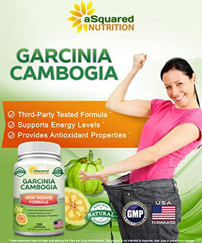 aSquared Nutrition - Extrato de Garcinia Cambogia Pura 100%% – 120 Cápsulas, Alta Potência de HCA, Pílulas Naturais para Perda de Peso XT, Melhor Queimador de Gordura Extremo Slim