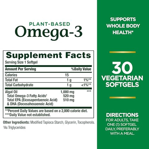 Nature's Bounty - Nature’s Bounty Ômega 3, Suplemento de Ácido Graxo Ômega 3 à Base de Plantas, 520mg, Promove Saúde Integral do Corpo, Incluindo Coração, Pele e Articulações, 30 Cápsulas Vegetarianas, Alternativa ao Óleo de Peixe
