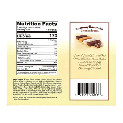 UNOSEKS - Barras de Caramelo Crocante HealthyWise – Alto teor de proteína, baixa caloria, baixo teor de gordura, baixo colesterol, sem aspartame, vegetariano – Embalagem com 2 unidades, 15g de proteína, 7 porções por caixa