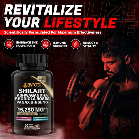 9000MG Shilajit Puro do Himalaia, 2000MG Ashwagandha Energizante, 1000MG Rhodiola Rosea, 1500MG Panax Ginseng, 500MG Cúrcuma, 500MG Ginkgo, 250MG Urtiga, Energia Natural e Saúde Potencializada - ELVPOTEC