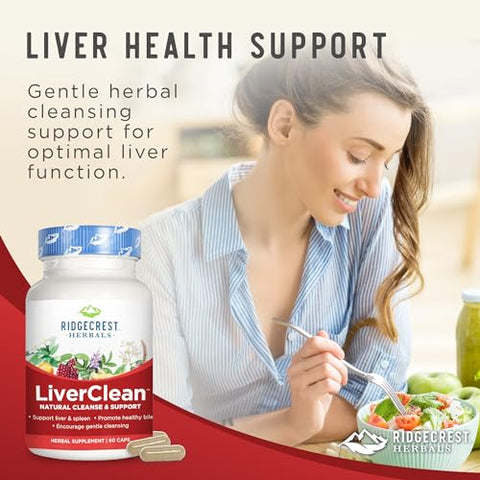 RidgeCrest Herbals - Ridgecrest Herbals LiverClean – Suporte Herbal para o Fígado, Cardo Abençoado, Dente-de-leão, Desintoxicação, Limpeza, Bile Saudável (60 Cáps, 30 Porções)