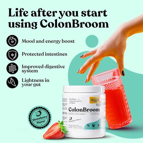 Psyllium em Pó ColonBroom (Morango) – Limpeza do Cólon para Alívio do Inchaço | 100% Natural | 200g