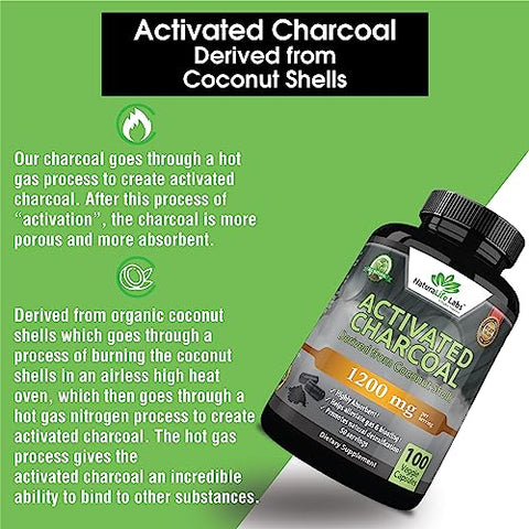 NaturaLife Labs A Higher Standard - Cápsulas de Carvão Ativado – 1.200 mg Altamente Absorvente Ajuda a Aliviar Gases