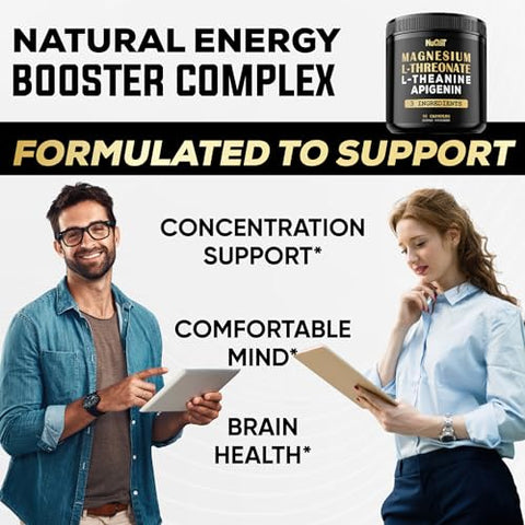 NUQIIT - Magnésio L-Treonato 1500mg L-Teanina 200mg Apigenina 100mg – 90 Cápsulas – Benefícios Impressionantes para Concentração e Mente Tranquila