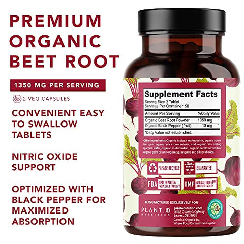PLANT.O NUTRITION - USDA Plant.O – Comprimidos de Beterraba Orgânica Premium [1350mg Pó de Beterraba] com Pimenta Preta para Melhor Absorção – Suplemento de Óxido Nítrico