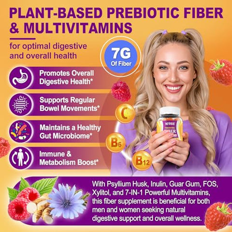 NEVISS - Suplemento Gomas de Fibra Prebiótica 7G para Adultos Psyllium Husk, Sem Açúcar, Solúvel e Insolúvel 2000mg Mistura de Fibra Prebiótica, Inulina, Fos, Multivitamínico para Digestão Diária